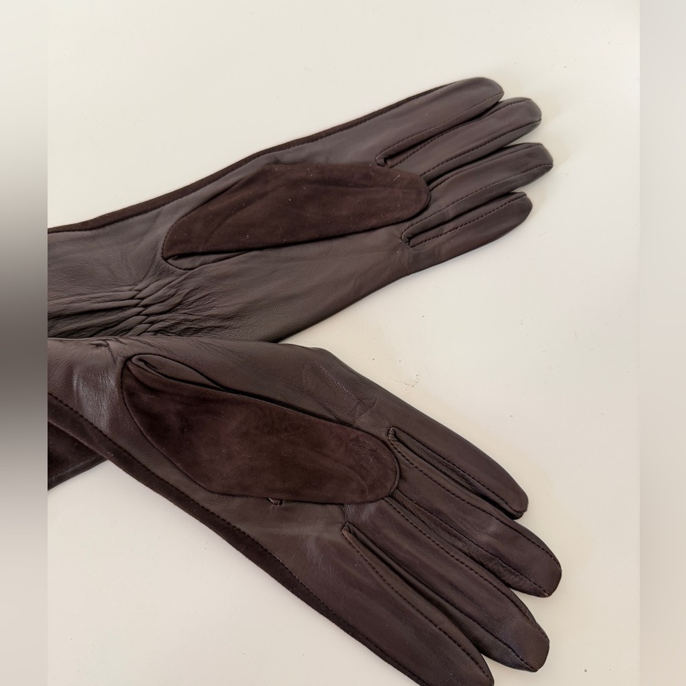 NWT Long Leather & Suede Opera Gloves Brown Premium 6.5 - Picture 4 of 10